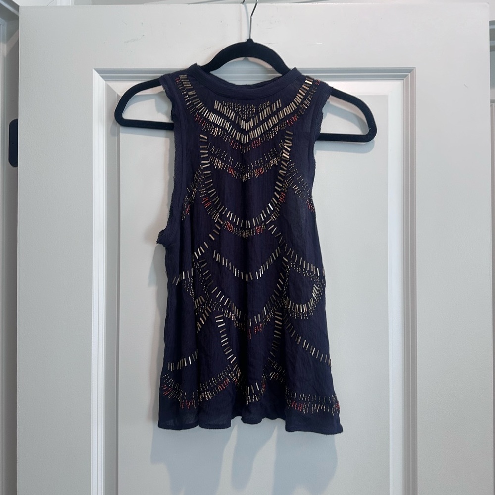 Free People Embroidered Tank Top - Navy and Gold